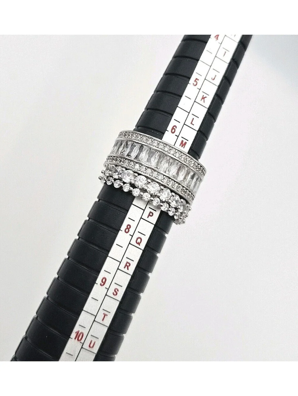 Lot of 2 CZ Stackable Rings Size 7.5 Rhodium Silver Pave Baguette Eternity Bands